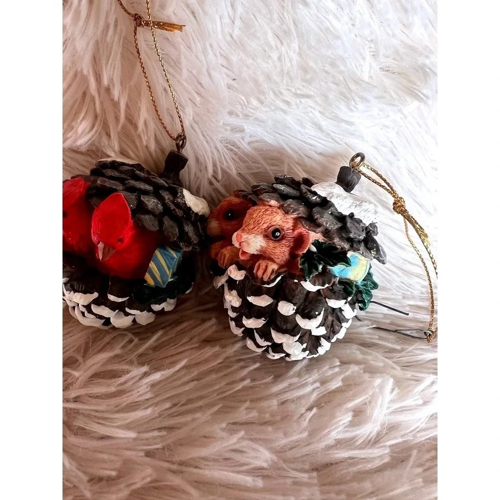 Pine Cone Christmas Ornaments Set 2 Cardinal Mice Snow Woodland Charm Forest